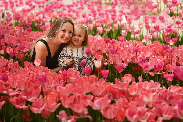 Ein Hübsches Kleines Mädchen Geht Durch Ein Tulpenfeld Mutter Und Stockfoto
