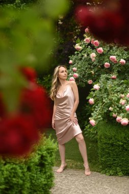 Pembe elbiseli, uzun sarı saçlı güzel bir genç kadın. Güllerin açtığı bahçede bir kadın