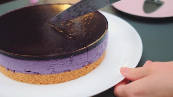 女性の手はナイフでブルーベリーケーキを切りました ブルーベリーケーキのレシピ オーブンなし キッチンテーブルのミドルショット キッチンで料理する — ストック動画