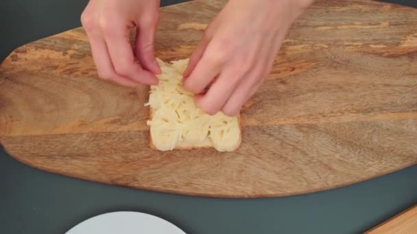 Las Manos Femeninas Distribuyen Queso Bocadillo Deliciosa Receta Sándwich Queso — Vídeo de stock