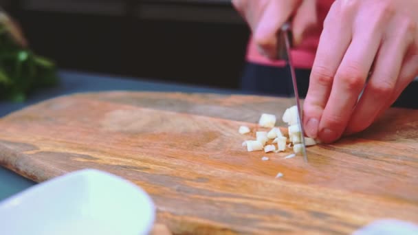 Woman Chops Garlic Sharp Knife Cutting Board Close Shot Table — Stock Video