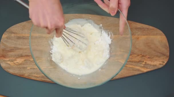 Womens Hands Mix Cottage Cheese Cream Deep Glass Plate Kitchen — Stock Video