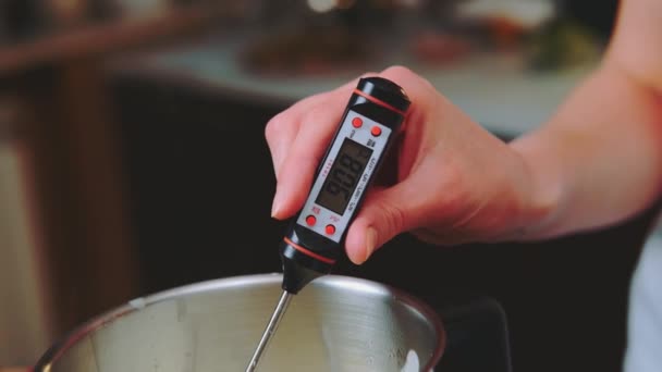 Una Donna Misura Temperatura Del Cibo Con Termometro Cucina Primo — Video Stock
