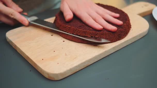 Woman Cuts Chocolate Biscuit Cake Knife Two Thin Parts Middle — Stock Video