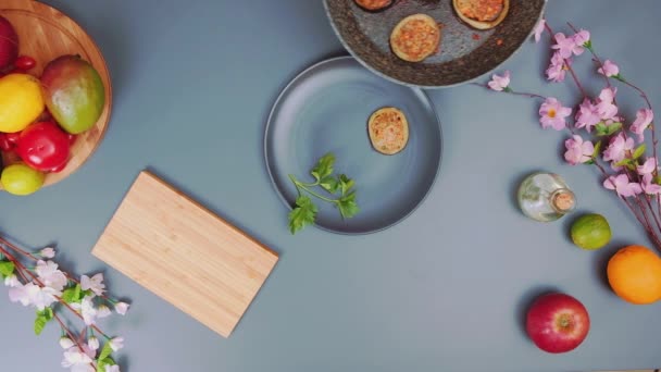 Woman Putting Fried Stuffed Eggplant Plate Top View Kitchen Table — Stock Video