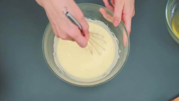 Female Hands Quickly Stir Eggs Deep Plate Kitchen Whisk Top — Stock Video