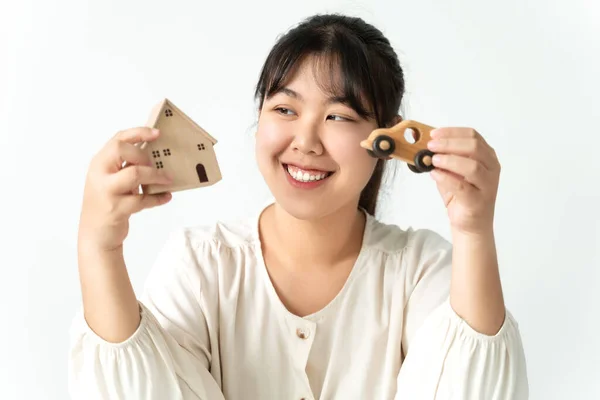 Asian Woman Buyer Choosing Buying New Home Car Planning Buy — Foto Stock