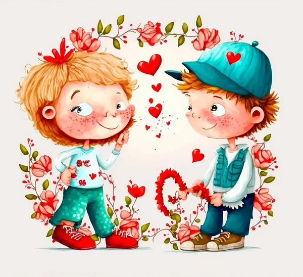 A boy in love gives a gift to a girl friend and congratulates her on Valentine\'s Day