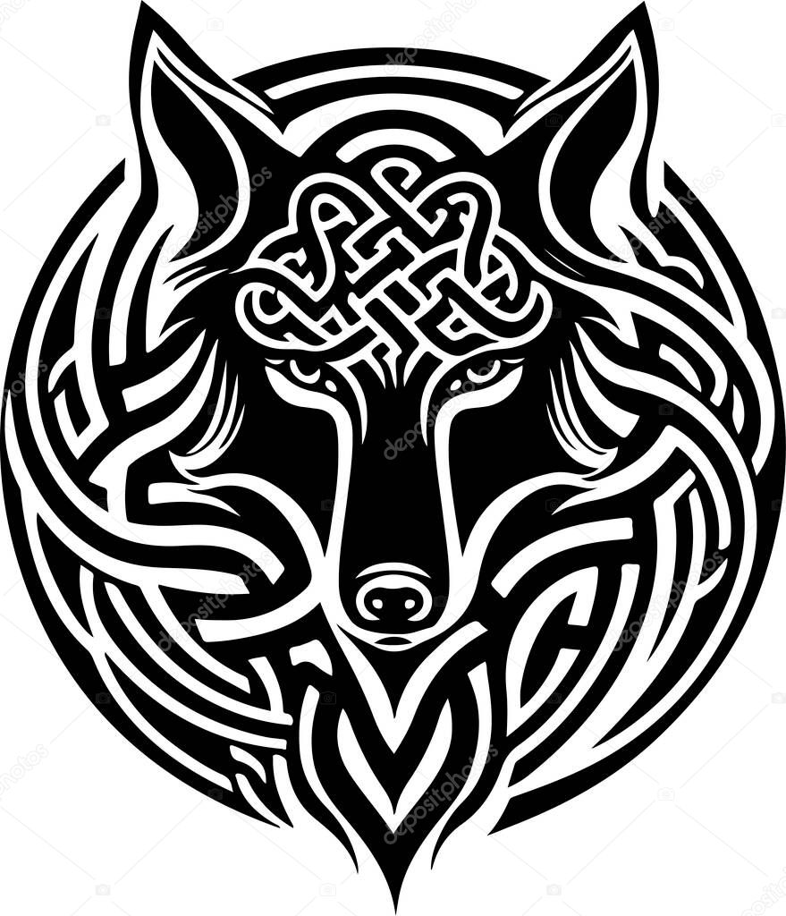 Vector illustration of wolf head with ornament. Vector illustration