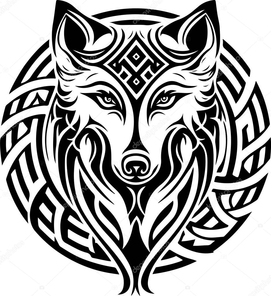 Vector illustration of wolf head with ornament. Vector illustration