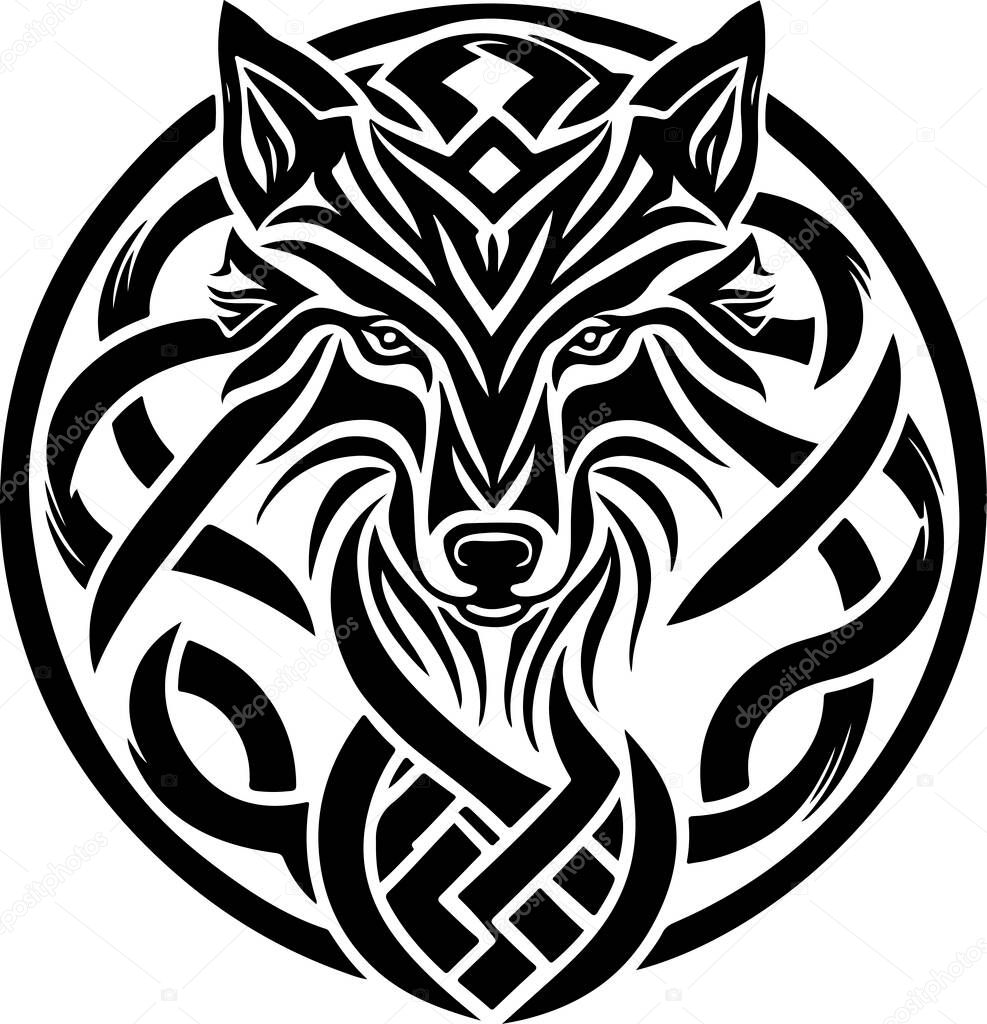 Vector illustration of wolf head with ornament. Vector illustration