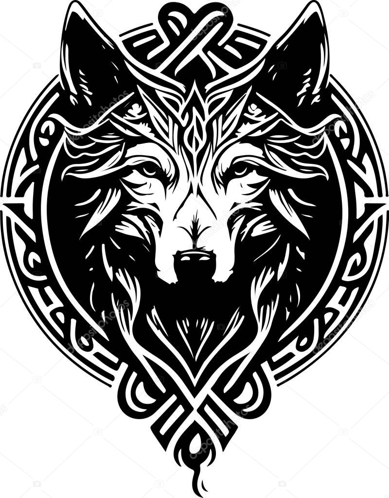 Vector illustration of wolf head with ornament. Vector illustration