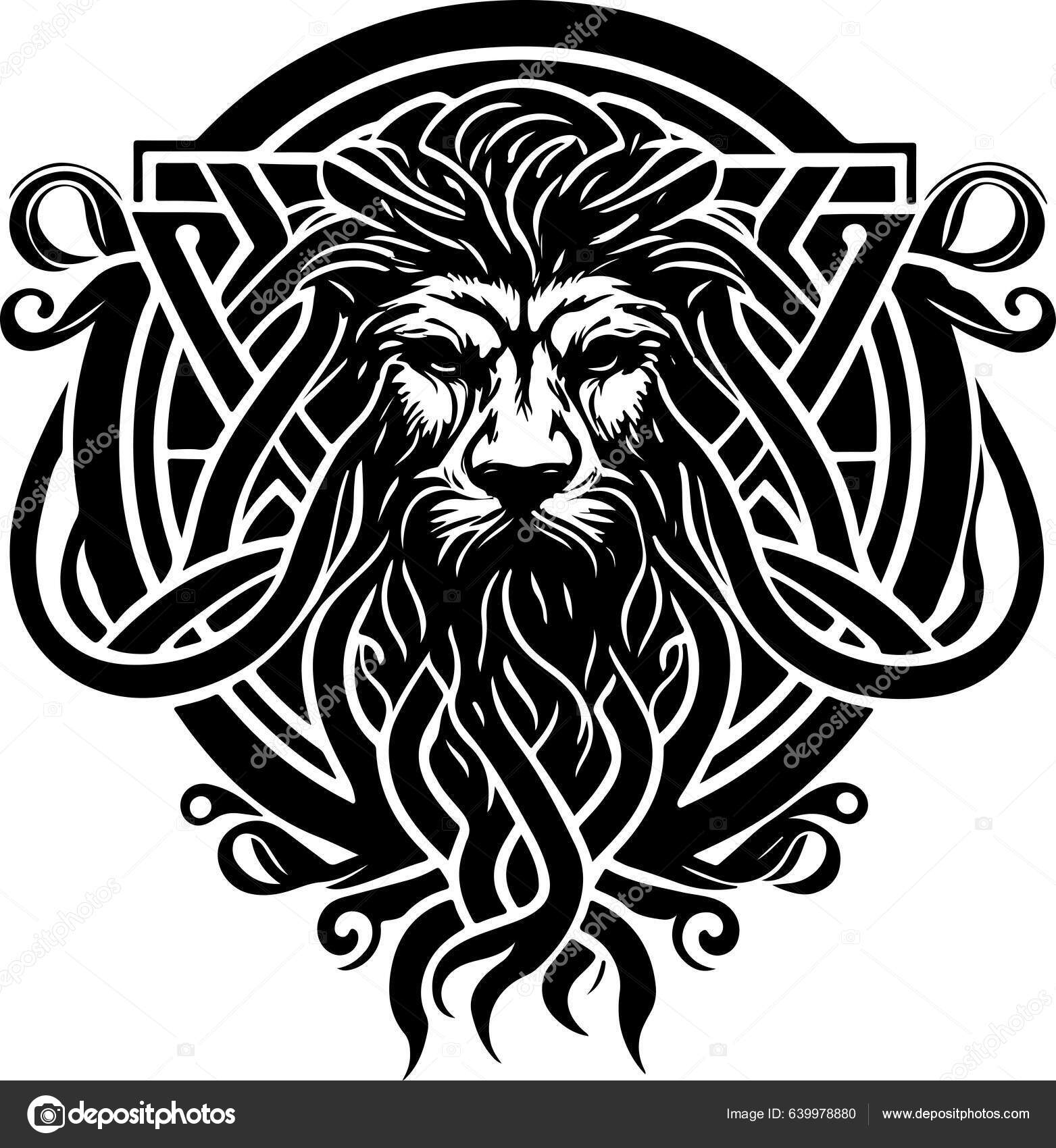 Lion And Symmetric Tribals Stock Photo, Picture and Royalty Free Image.  Image 14096850.