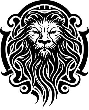Lion ethnic graphic style with celtic ornaments and patterned mane. Vector illustration.