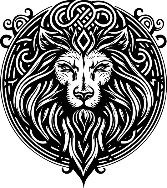 Lion Ethnic Graphic Style Celtic Ornaments Patterned Mane Vector Illustration — Stok Vektör
