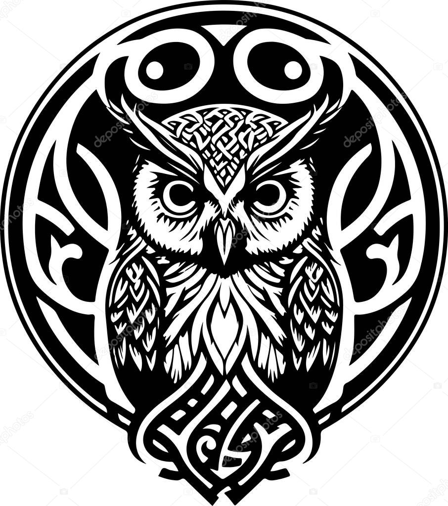 Black and white line art of owl head. Good use for symbol, mascot, icon, avatar, tattoo,T-Shirt design, logo or any design. Vector illustration