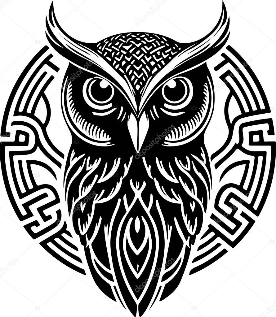 Black and white line art of owl head. Good use for symbol, mascot, icon, avatar, tattoo,T-Shirt design, logo or any design. Vector illustration