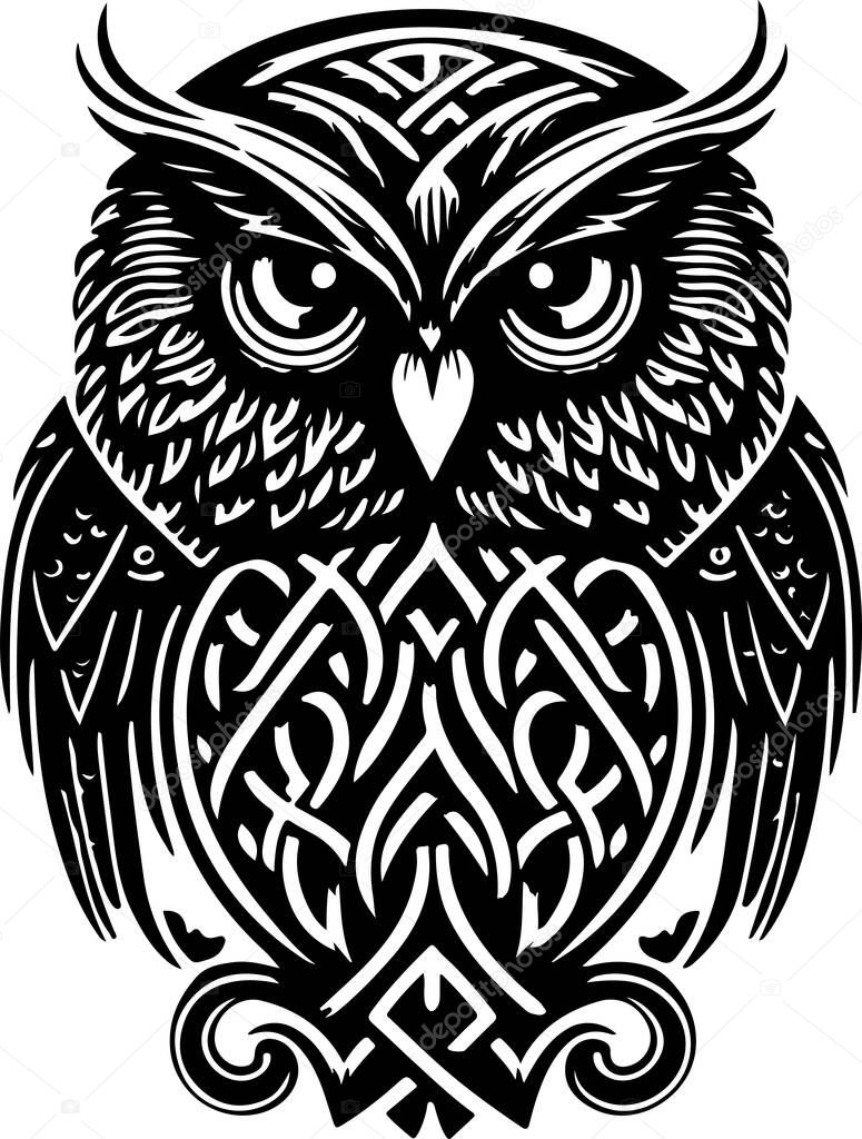 Black and white line art of owl head. Good use for symbol, mascot, icon, avatar, tattoo,T-Shirt design, logo or any design. Vector illustration