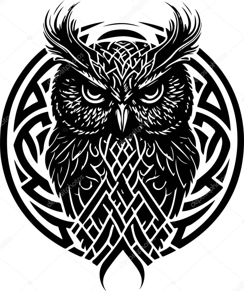 Black and white line art of owl head. Good use for symbol, mascot, icon, avatar, tattoo,T-Shirt design, logo or any design. Vector illustration
