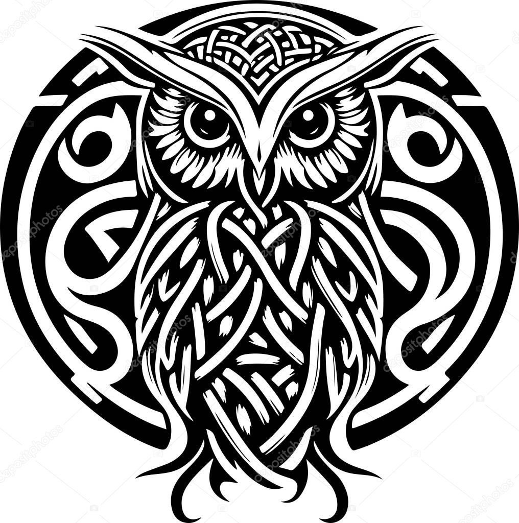 Black and white line art of owl head. Good use for symbol, mascot, icon, avatar, tattoo,T-Shirt design, logo or any design. Vector illustration