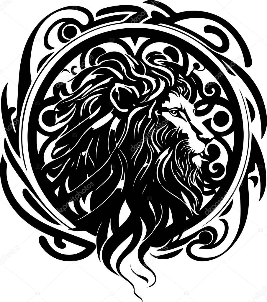 Lion ethnic graphic style with celtic ornaments and patterned mane. Vector illustration.