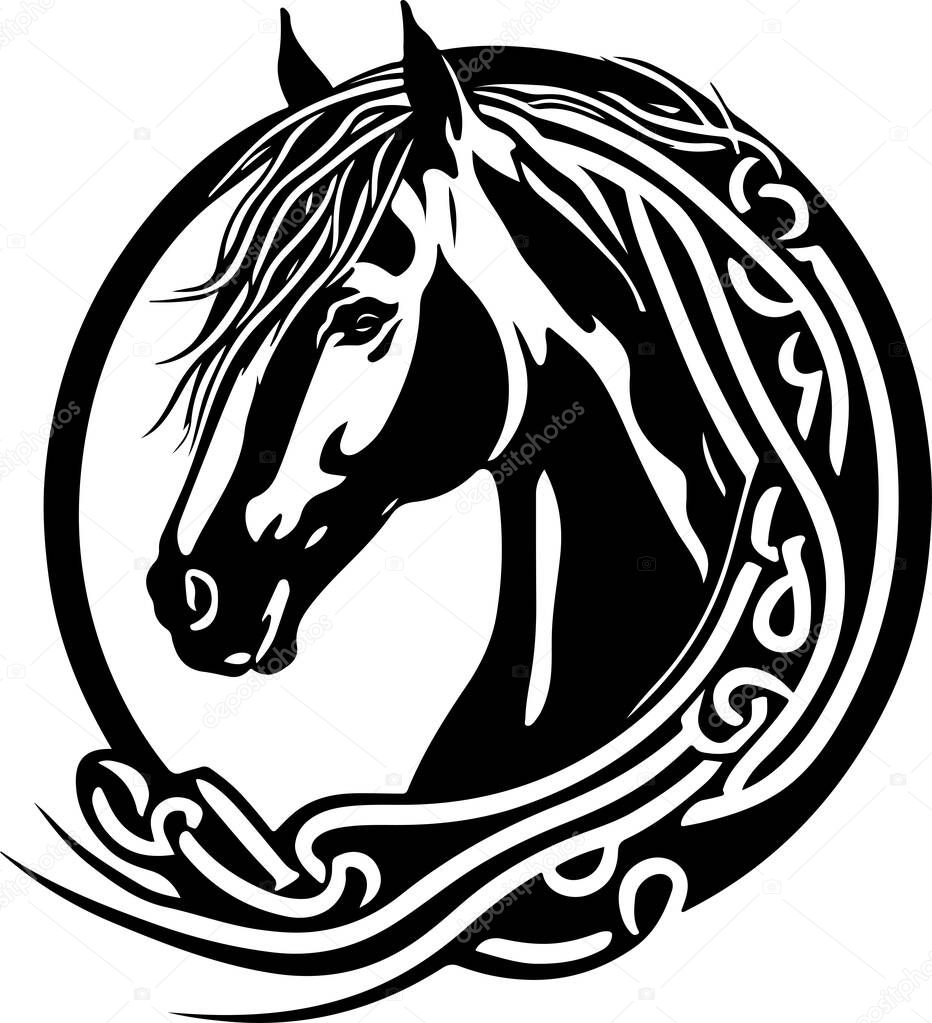 Vector silhouette of a horses head with ornament. Vector illustration