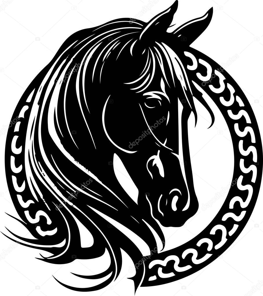 Vector silhouette of a horses head with ornament. Vector illustration