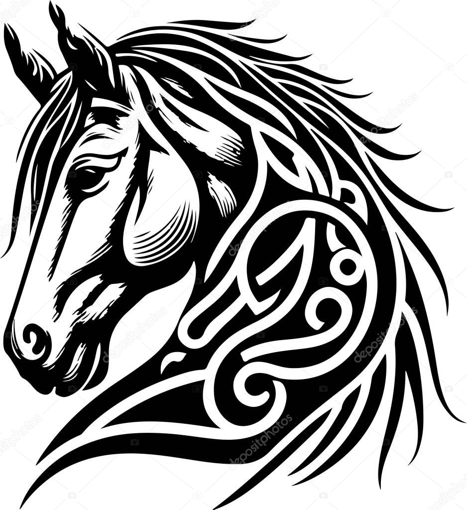 Vector silhouette of a horses head with ornament. Vector illustration