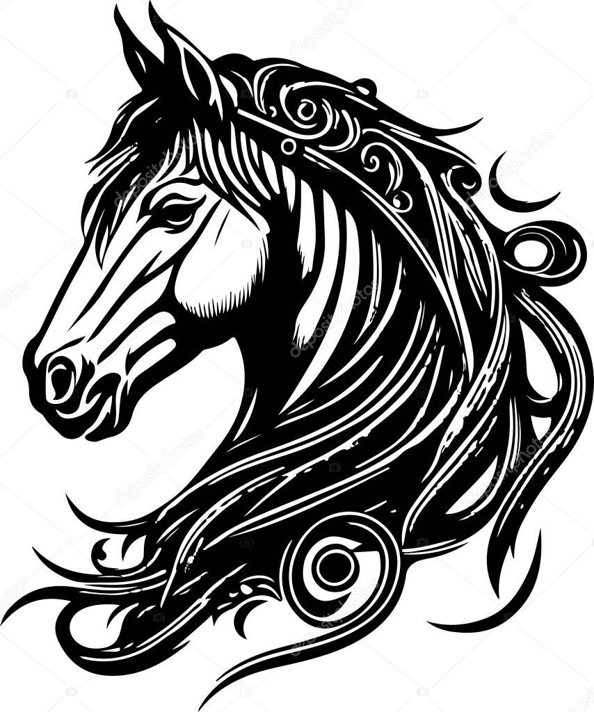 Vector silhouette of a horses head with ornament. Vector illustration