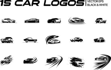  Sports car logo icon set. Motor vehicle silhouette emblems. Good for auto garage dealership brand identity design elements. Vector illustrations.