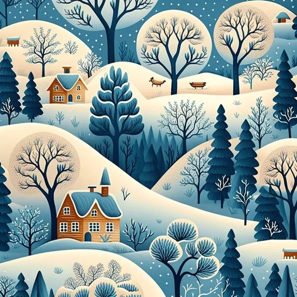 Illustration of cartoon winter landscape with snow, trees and cute buildings.