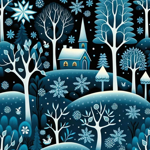 Illustration of cartoon winter landscape with snow, trees and cute buildings.