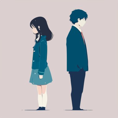  Love man woman relationship concept, hard love concept. Man and woman back to back. Hearts in background. Complicated love, communication problem, separation, love therapy. EPS 10.