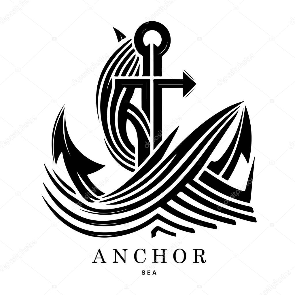 Marine emblems logo with anchor and rope, anchor logo - vector
