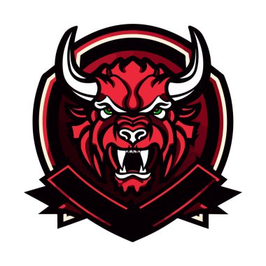 Rozet, amblem ve tişört baskısı için modern illüstrasyon konseptine sahip boğa maskotu logosu tasarımı vektörü. Spor takımı için kızgın boğa çizimi.
