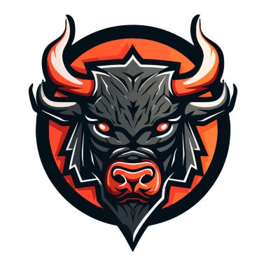 Rozet, amblem ve tişört baskısı için modern illüstrasyon konseptine sahip boğa maskotu logosu tasarımı vektörü. Spor takımı için kızgın boğa çizimi.
