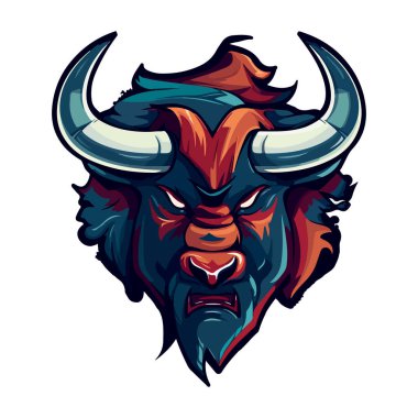 Rozet, amblem ve tişört baskısı için modern illüstrasyon konseptine sahip boğa maskotu logosu tasarımı vektörü. Spor takımı için kızgın boğa çizimi.