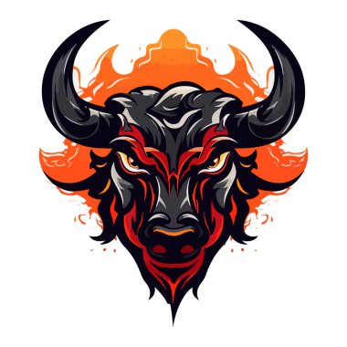 Rozet, amblem ve tişört baskısı için modern illüstrasyon konseptine sahip boğa maskotu logosu tasarımı vektörü. Spor takımı için kızgın boğa çizimi.