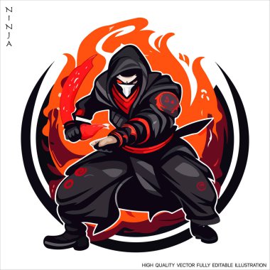 Ninja maskot logo vektör şablonu, Yaratıcı Ninja amblemi tasarım konseptleri. Tam olarak düzenlenebilir Vektör illüstrasyonu