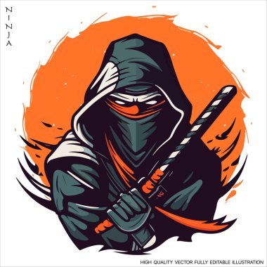Ninja maskot logo vektör şablonu, Yaratıcı Ninja amblemi tasarım konseptleri. Tam olarak düzenlenebilir Vektör illüstrasyonu