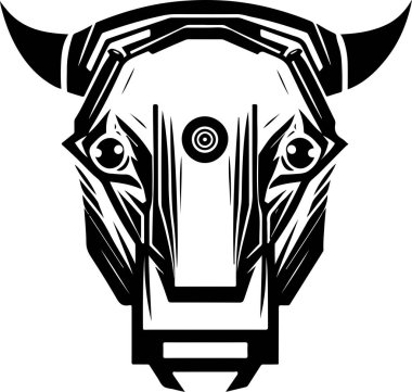 Boğa kafalı logo teknolojisi. Boğa ile ilgili logo tasarımı. Siber boğa kafasının yazıcı tasarımı