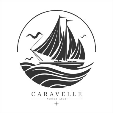 Su logosu ambleminde Caravelle. Eski vektör çizimi deniz donanma simgesi