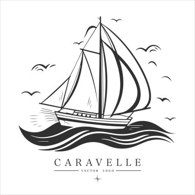 Su logosu ambleminde Caravelle. Eski vektör çizimi deniz donanma simgesi