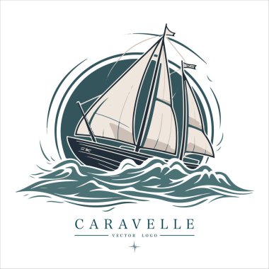 Su logosu ambleminde Caravelle. Eski vektör çizimi deniz donanma simgesi
