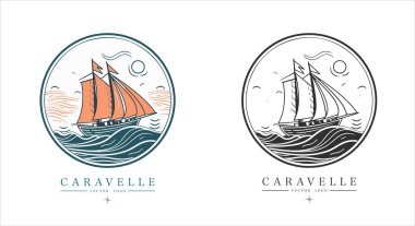 Su logosu ambleminde Caravelle. Eski vektör çizimi deniz donanma simgesi