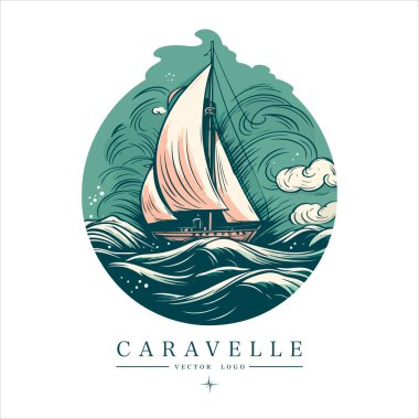 Su logosu ambleminde Caravelle. Eski vektör çizimi deniz donanma simgesi