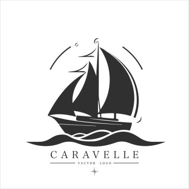 Suda minimum modern yelkenli, vektör logosu. Caravelle amblemi.