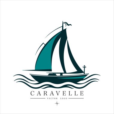 Suda minimum modern yelkenli, vektör logosu. Caravelle amblemi.