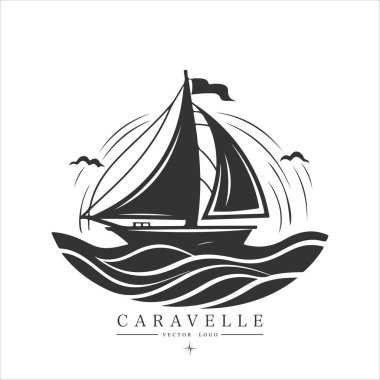 Suda minimum modern yelkenli, vektör logosu. Caravelle amblemi.