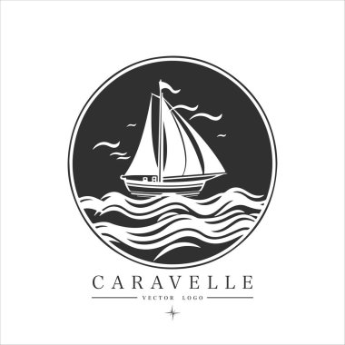 Suda minimum modern yelkenli, vektör logosu. Caravelle amblemi.